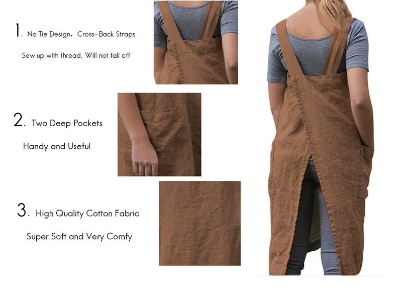 Larmliss Womenâ€™s Pinafore Square Apron Baking Cooking Gardening Works Cross Back Cotton/Linen Blend Dress with 2 Pockets - Image 3